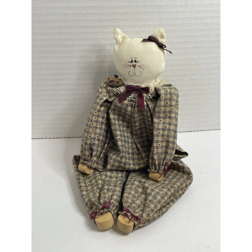 Cat Wooden Body Sitting Shelf Handmade Country Kitten Calico Clothes Wood Feet